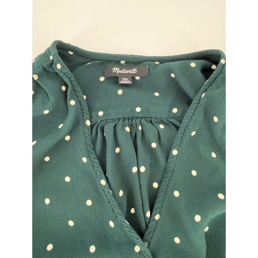 Madewell XXS Green Polka Dot Wrap Blouse Puff Sleeve Tie Waist Women’s Top
